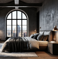 Стиль лакшери лофт интерьера спальни Чердачный лакшери дизайн спальни с темным серым потолком под бетон, панорамными окнами, отсутствием несущих перегородок и удобной лаконичной мебелью