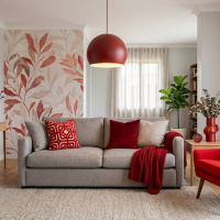 Интерьер гостиной с красными акцентными элементами