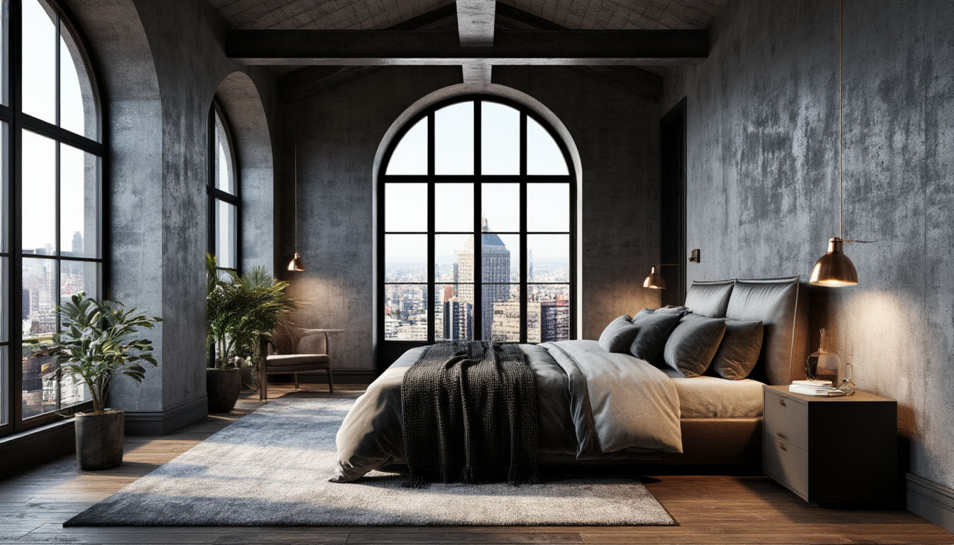 Чердачный лакшери дизайн спальни с темным серым потолком под бетон, панорамными окнами, отсутствием несущих перегородок и удобной лаконичной мебелью